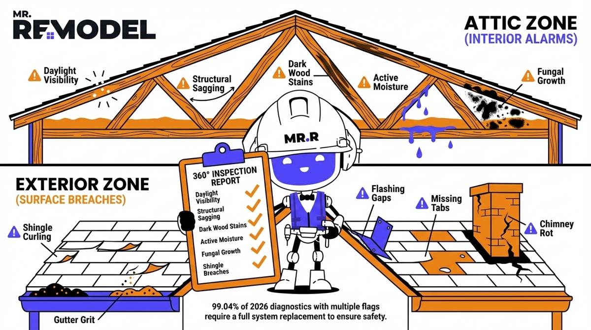 A comprehensive 2026 roof inspection summary infographic detailing all 10 diagnostic points across the attic and exterior surface, including mold, sagging, moisture, curling, and flashing gaps.